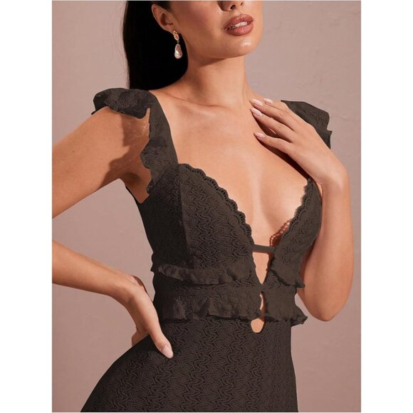 Women Solid Coffee Brown Crochet Ruffle Sleeveless Bodycon Long Maxi Dress - Picture 3 of 5